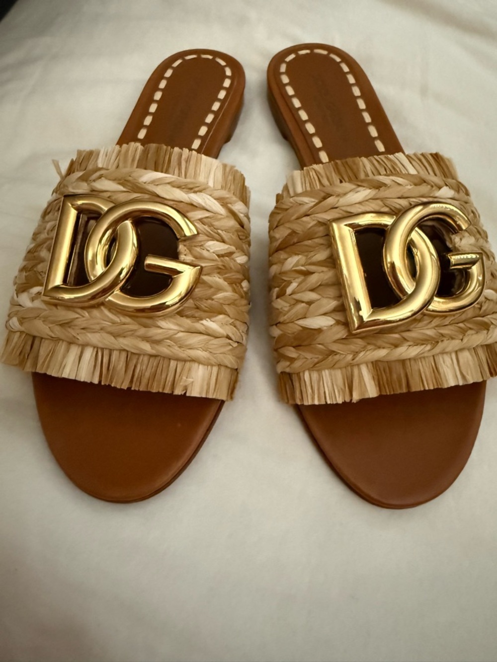 NEW Dolce & Gabbana Raffia Slide Sandals with Gold DG Emblem 38